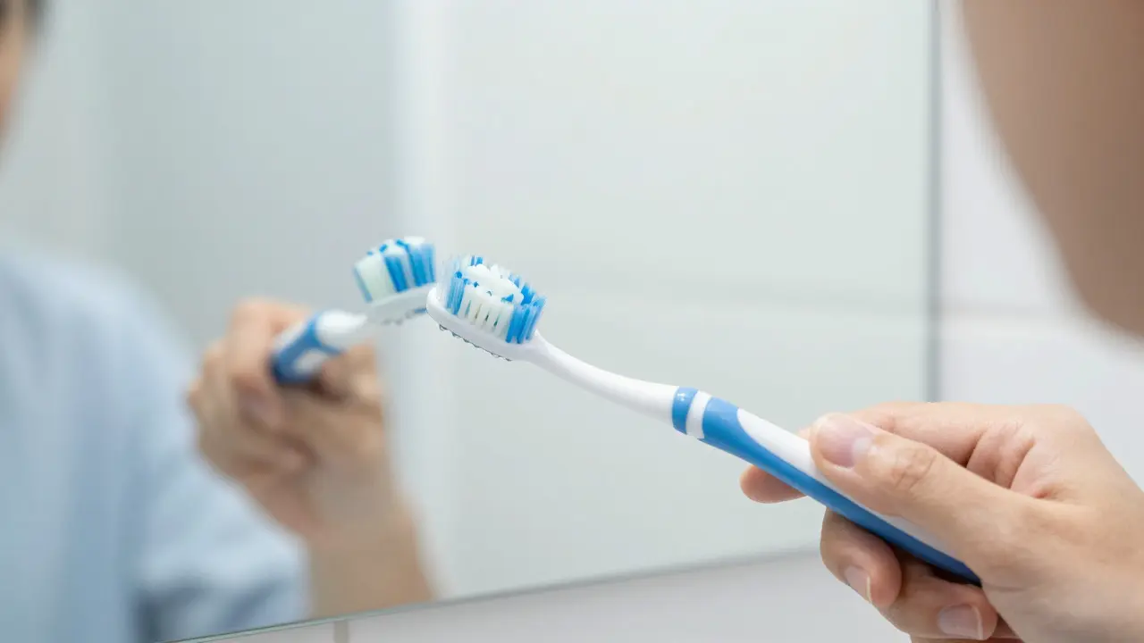 Osoba si čistí zuby měkkým kartáčkem pod úhlem 45 stupňů v koupelně