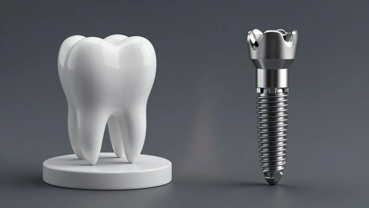Umělecké srovnání zdravého zubu a drahého implantátu v rozděleném rámu