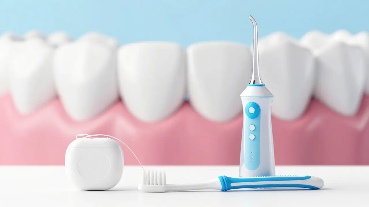 Zubní nit, mezizubní kartáček a irrigátor pro hygienu