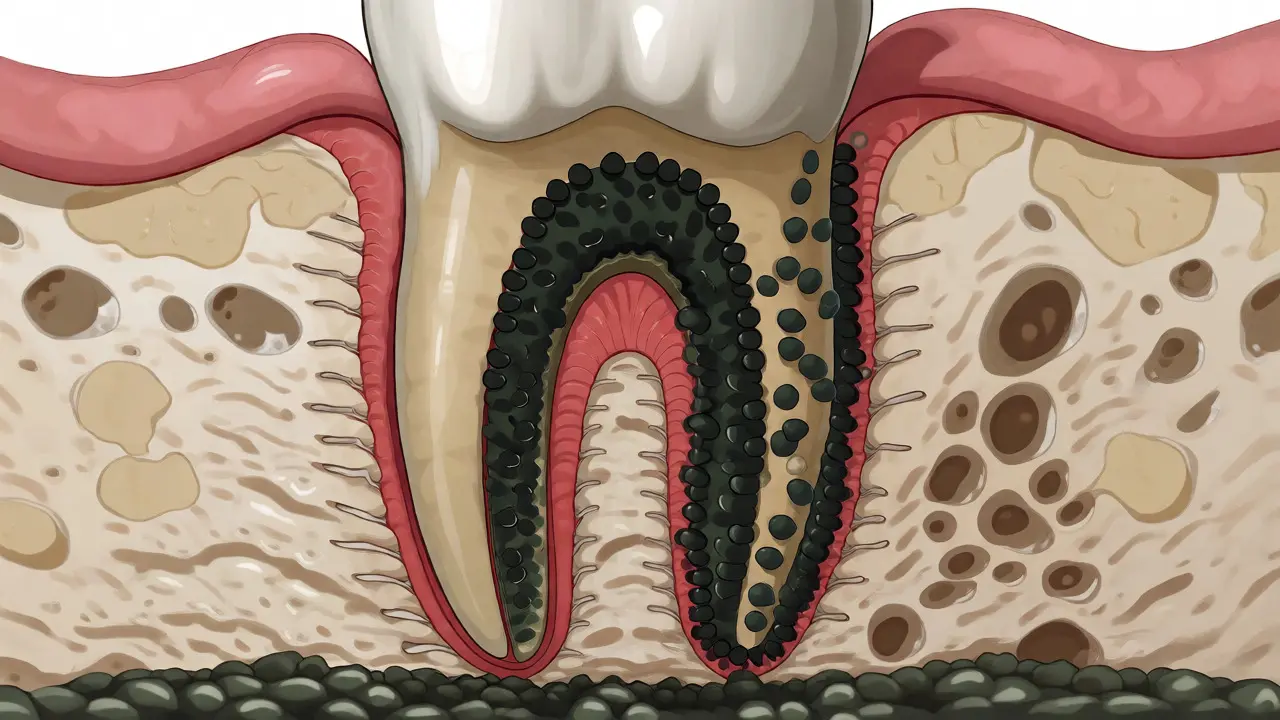 Anatomický řez zubem ukazující poddásňový kámen a úbytek kosti.