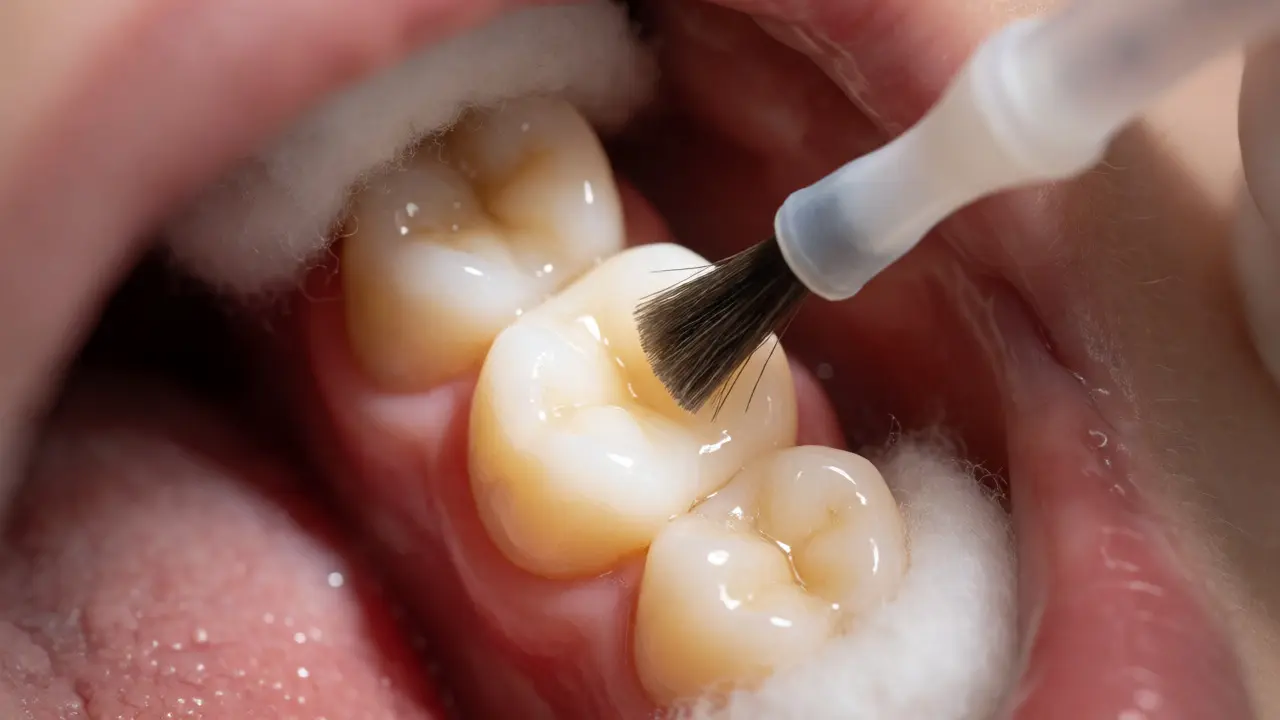 Aplikace lesklého fluoridového laku na zub kartáčkem
