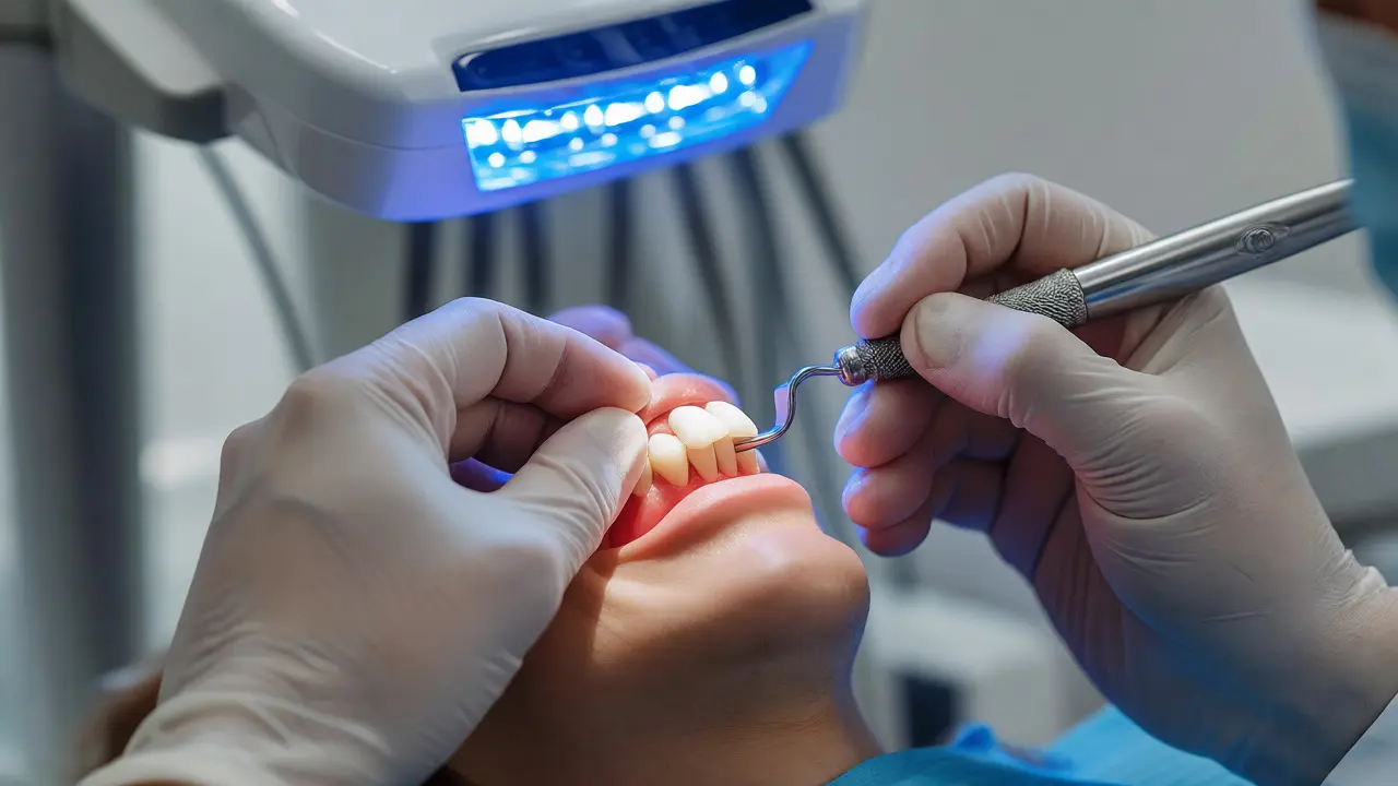 Dentista aplikuje kompozitní výplň na zlomený přední zub v ordinaci