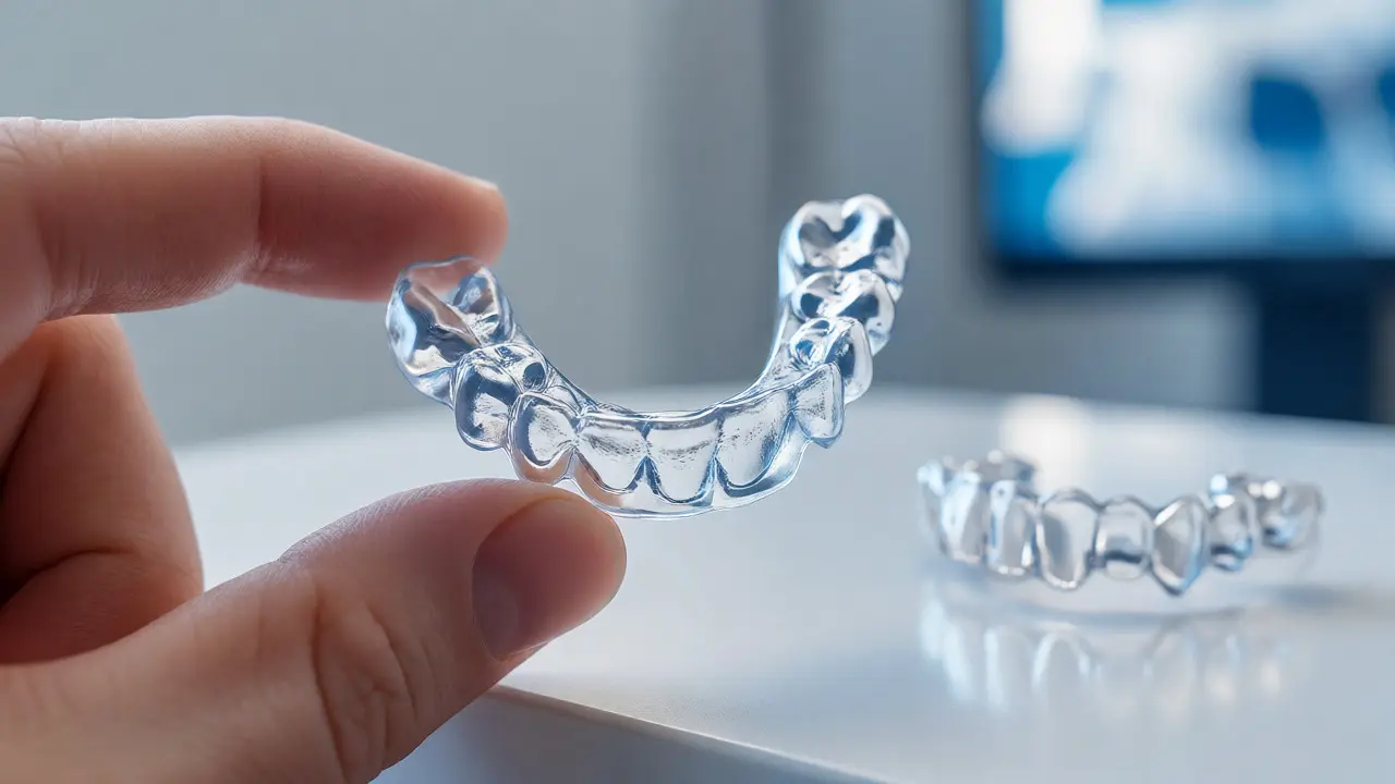 Průhledná ortodontická dlahy v ruce v klinickém prostředí