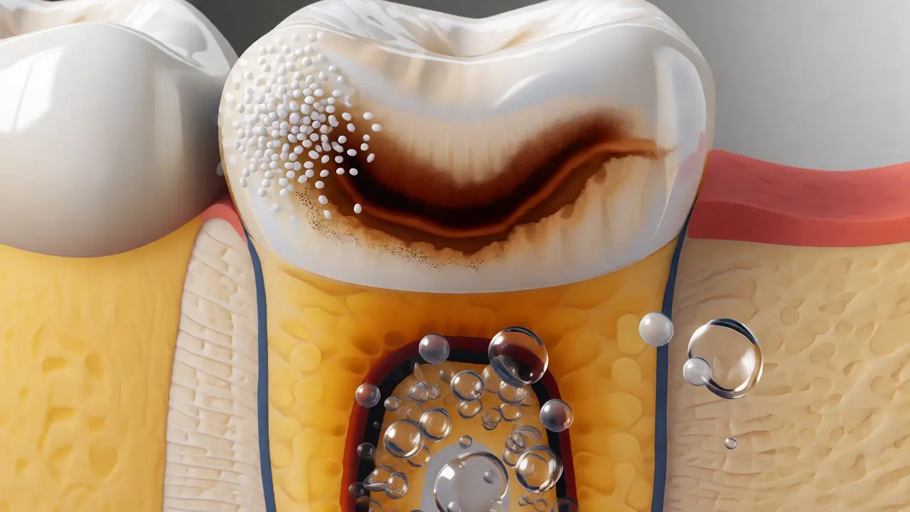 Schéma řezu zubem ukazující mechanické a chemické účinky bělení.