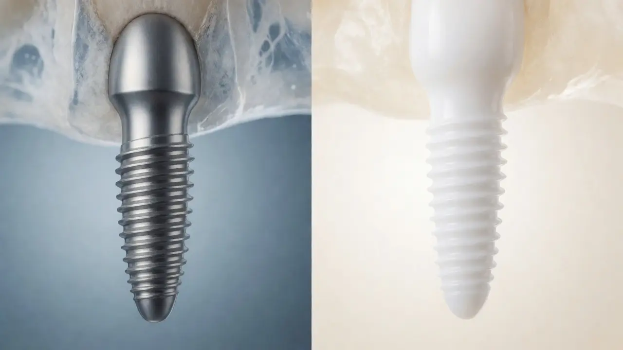 Umělecké porovnání titanového a zirkonového zubního implantátu