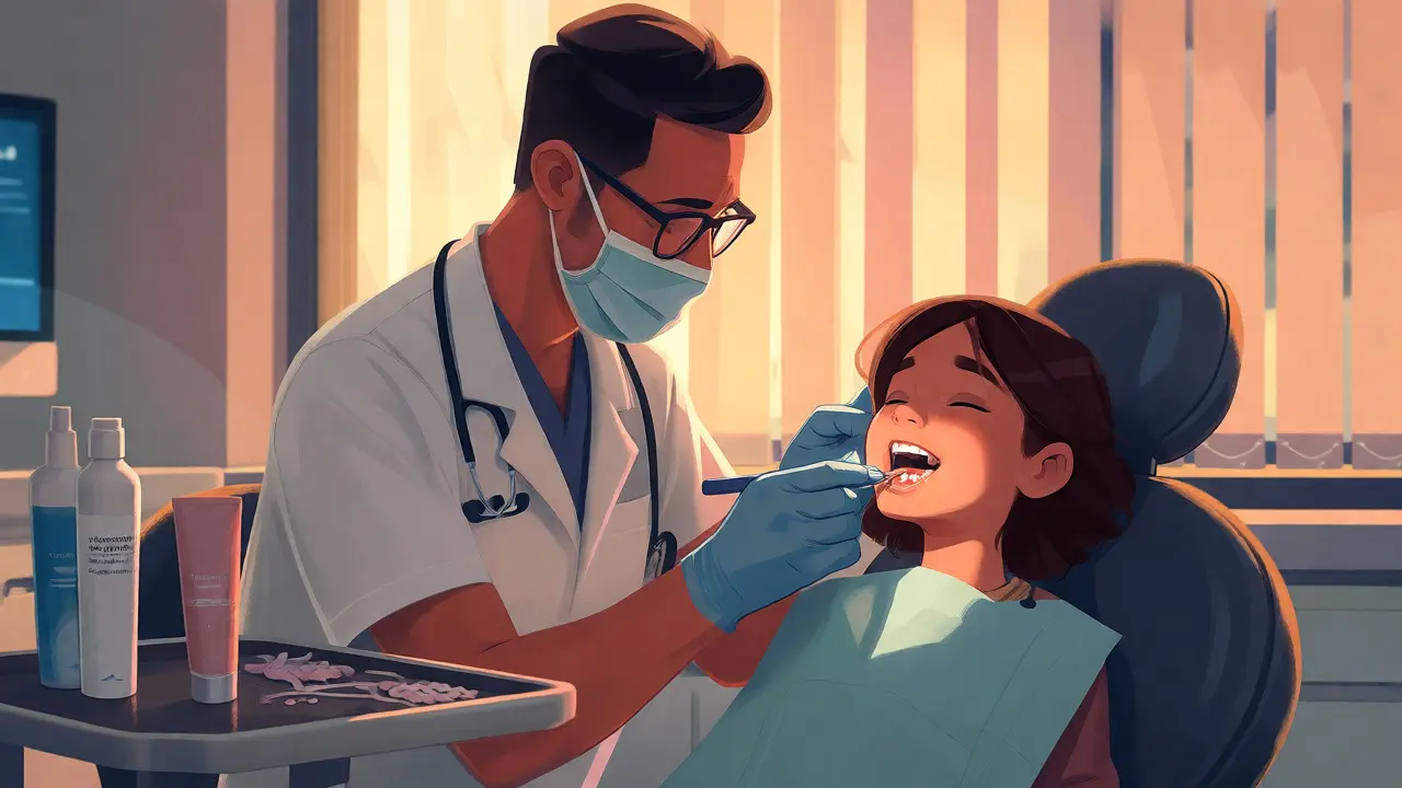 Dentista aplikuje preventivní lak na zuby dítěte v klidné ordinaci.