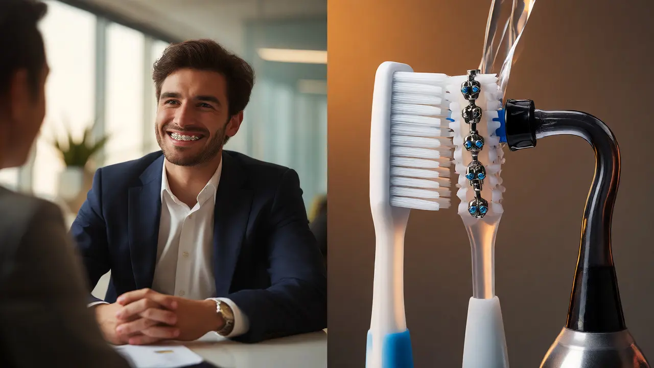 Dospělý muž s diskrétními rovnátky a detailní záběr na nástroje pro ústní hygienu