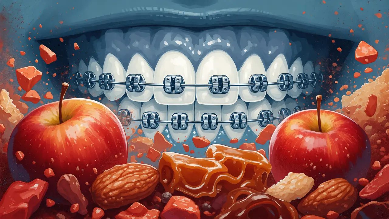 Konceptuální ilustrace zdravého úsměvu obklopeného rozpadajícími se tvrdými potravinami