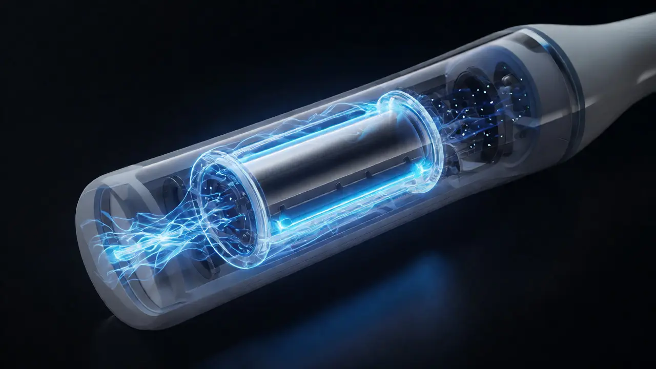 Konceptuální pohled dovnitř baterie Philips Sonicare během nabíjení