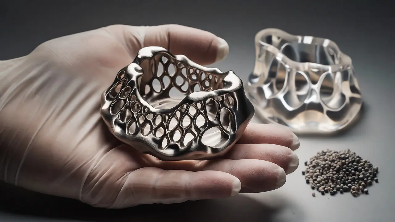 Personalizovaný 3D tištěný titanový implantát držetý v rukavici chirurga.