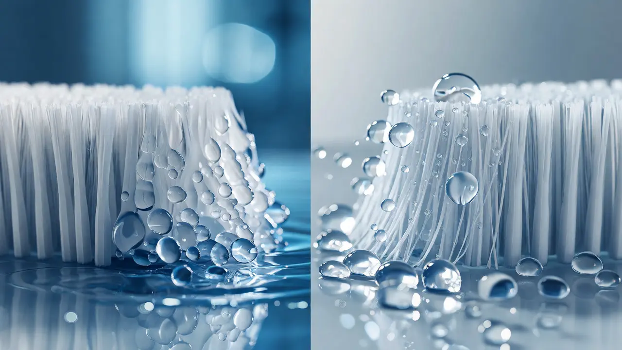 Porovnání hydrofobních vláken Curen s běžným nasákavým nylonem