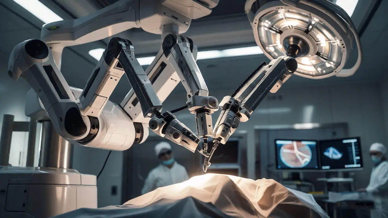 Robotická ruka provádí precizní řez při maxilofaciální operaci v nemocnici.
