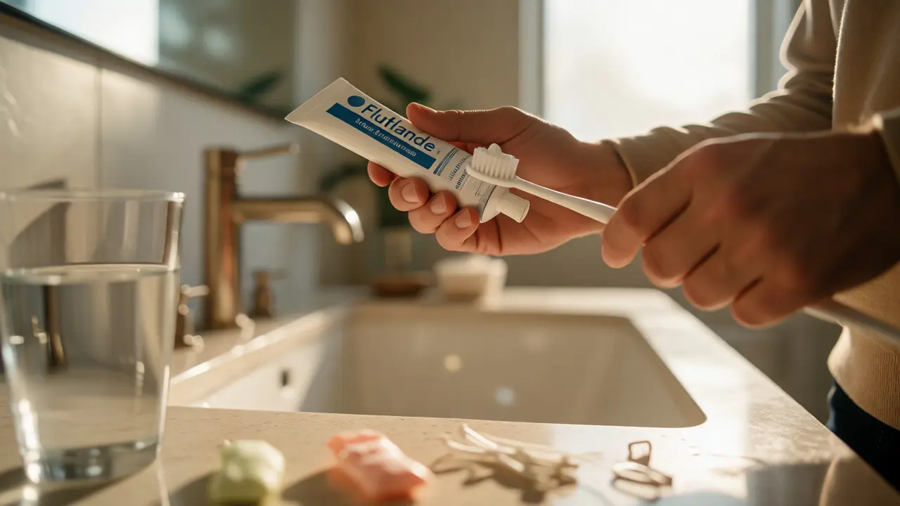 Ruce nanášejí fluoridovou pastu na kartáček při ranní hygieně