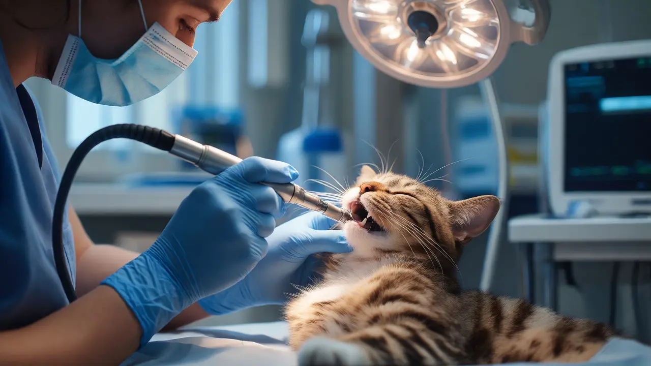 Veterinář provádí ultrazvukové odstranění zubního kamene u kočky v anestezii.