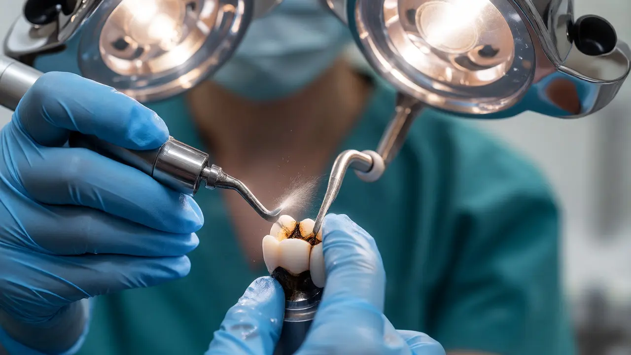 Zubní hygienista odstraňuje černý kámen ultrazvukem